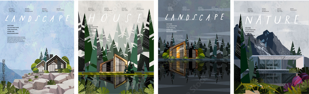 Landscape, nature, house. Vector illustrations of modern architecture, cottage and chalet surrounded by forests, mountains, trees, lake, river. Drawings for poster, background or cover - obrazy, fototapety, plakaty 