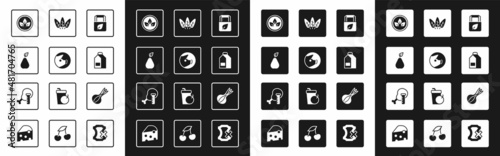 Set Shopping bag with recycle, Pig, Pear, Vegan food diet, Paper package for milk, Leaf, Onion and Genetically modified chicken icon. Vector