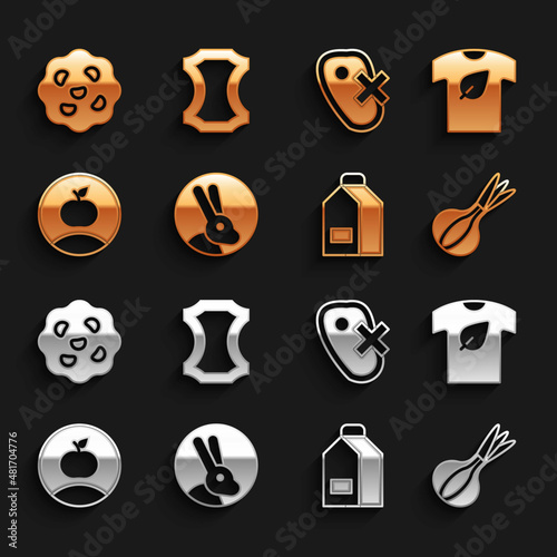 Set Rabbit, Vegan shirt, Onion, Paper package for milk, Apple, No meat, Cookie biscuit and Leather icon. Vector