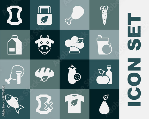 Set Pear, Apple cider vinegar in bottle, Fresh smoothie, Chicken leg, Cow head, Paper package for milk, Leather and Vegan food diet icon. Vector