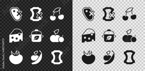 Set No meat, leather, Fresh berries, Tomato, Apple and banana, Leather, Cheese and Vegan food diet icon. Vector