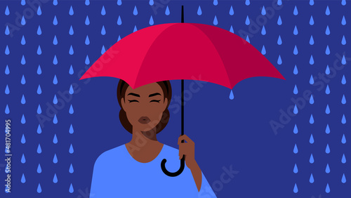 Pretty woman hiding under umbrella. Beauty in the rain. Red umbrella. Raindrops on a dark background. Vector illustration for a poster, banner, cover.