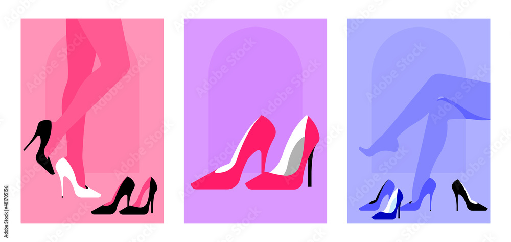 Posters with elegant female legs in fitting room. Women trying on shoes in store or wardrobe. High heel, pumps different colors. Slim pretty legs. Seasonal shopping. Illustration, cover, banner.