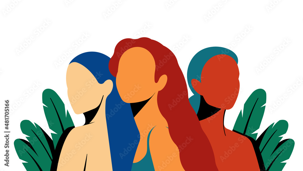Abstract group of women among green bush. Three female shapes, different  beauties with bare shoulders, long hair, tropical leaves. Contemporary  composition for poster, cover, blog, magazine. Stock Vector | Adobe Stock