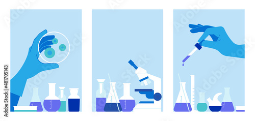 Chemistry Laboratory. Test tubes with liquid in laboratory, Doctor hand holding dropper with dripping or transparent glass pipette, dropper for instillation. scientist working in laboratory. Banner fo