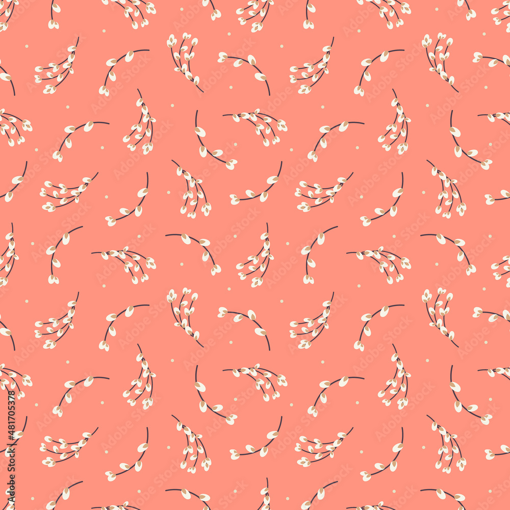 Willow seamless pattern. Easter pattern with willow twigs on a orange background