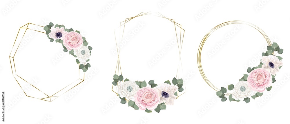Obraz premium Vector set of floral frames. White anemones, pink roses, eucalyptus, golden frames. Elements for design on a white background.
