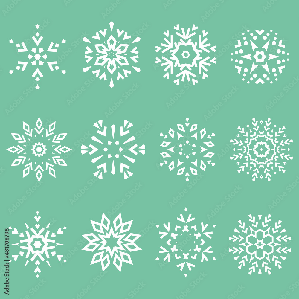 Snowflakes icon collection. Graphic modern white and green ornament Snowflakes icon collection. Graphic modern white and green ornament