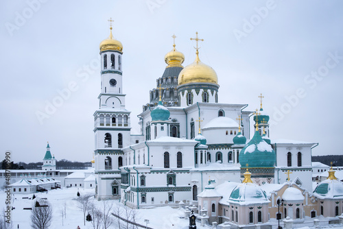 ISTRA, RUSSIA - January 16, 2022, The Resurrection Cathedral of New Jerusalem Monastery was built according to the prototype - the Church of the Holy Sepulcher in Jerusalem. Snowfall