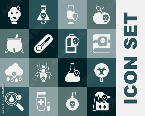 Set Smoke from factory, Biohazard symbol, Book about poisons, Poisoned alcohol, Thermometer, Witch cauldron, Man poisoning and Beaker with toxic liquid icon. Vector