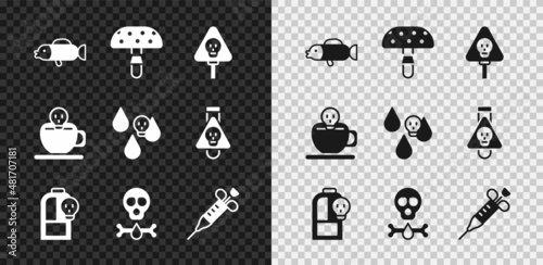 Set Puffer fish, Fly agaric mushroom, Bones and skull, Beaker with toxic liquid, Syringe, Coffee cup and Acid rain icon. Vector