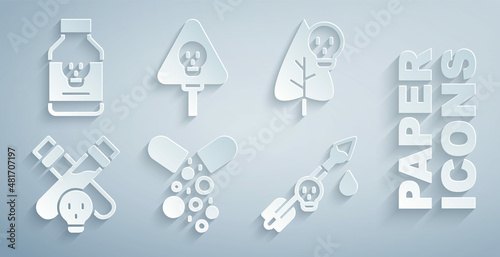 Set Poisoned pill, flower, Bottle with potion, the arrow, Bones and skull and icon. Vector