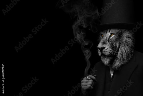Man in the form of a Lion face , The lion person smoking , animal isolated black white © Vieriu