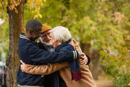 Positive multicultural friends hugging in autumn park. © LIGHTFIELD STUDIOS