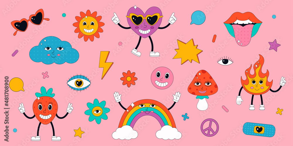 Obraz premium Set of cute characters in psychedelic 70's style. Hippie, psychedelic, groove, retro and vintage style. Vector illustration
