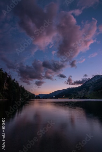 Colorful Sunset over Davosersee in Davos, Graubünden, Switzerland