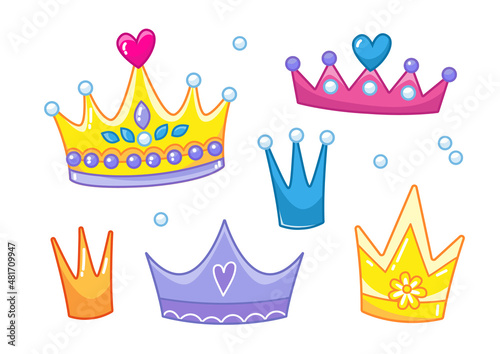 Set of cute crowns in different colors. Vector illustration of king or princess accessory in cartoon childish style. Isolated clipart on white background. Color art with outline.