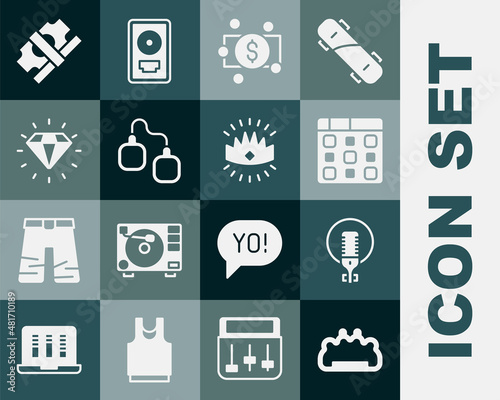Set Brass knuckles, Microphone, Drum machine music, Stacks paper money cash, Handcuffs, Diamond, and King crown icon. Vector