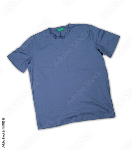 Blue t-shirt isolated on white background. Top view. Mockup for branding.