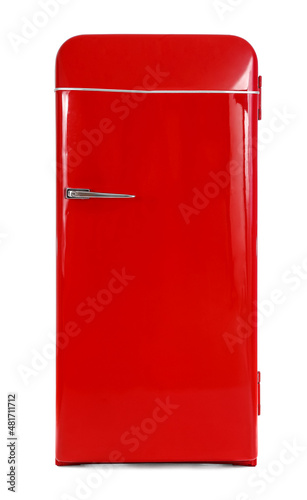 Red fridge on white background