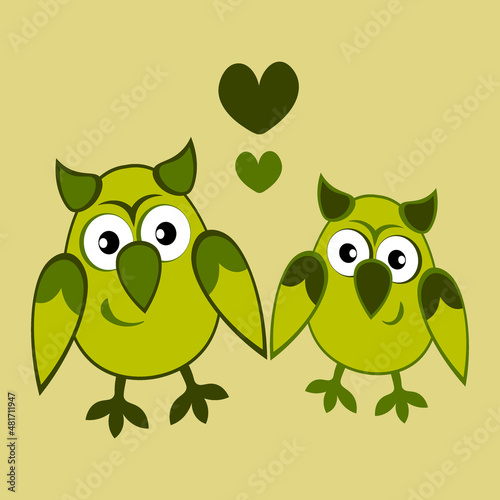 two owls in love with hearts. Cartoon birds. Pastiche. Children drawing