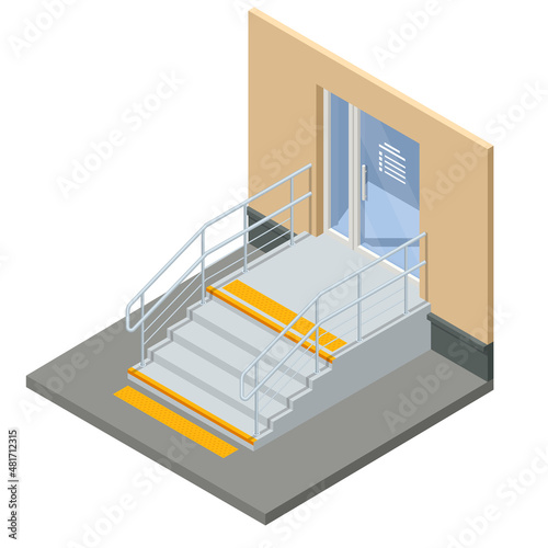 Isometric yellow braille block and gray stairs for blind handicap. Yellow tactile pavement for the visually impaired on the sidewalk in front of the stairs