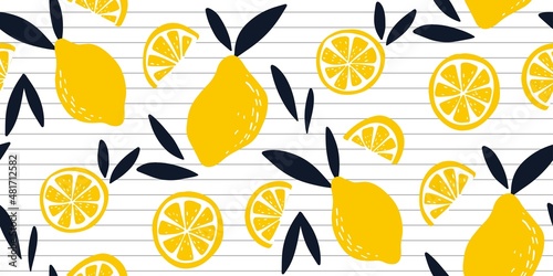 seamless lemon pattern . white background. juicy lemons on a branch. vector texture. bright print for textiles and wallpaper.