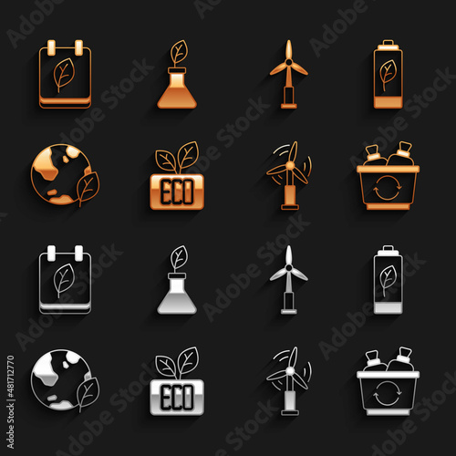 Set Leaf Eco symbol, nature leaf battery, Recycle bin, Wind turbine, Earth globe and, Calendar with autumn leaves and Plant breeding icon. Vector