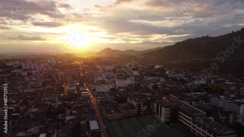 panning aerial shot of Pereira Colombia at sunset photo