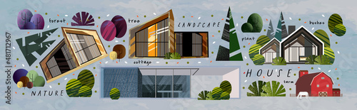 Landscape, nature, house. Vector illustrations of modern architecture, cottage and chalet surrounded by forests, mountains, trees, lake, river. Drawings for poster, background or cover