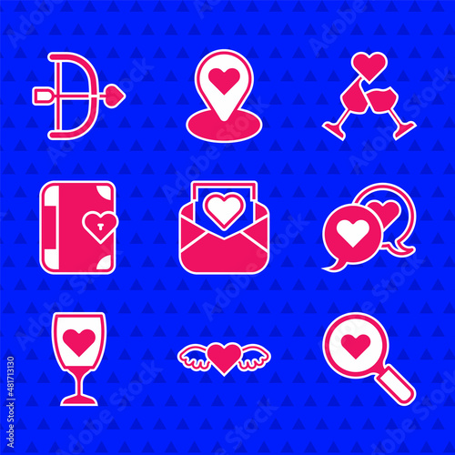 Set Envelope with Valentine heart, Heart wings, Search and love, speech bubble, Glass of champagne, Love diary, and Bow arrow icon. Vector