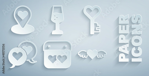Set Calendar with heart, Key in shape, Heart speech bubble, wings, Glass of champagne and Location icon. Vector
