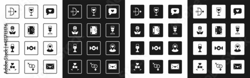 Set Heart in speech bubble, Love diary, Flower rose, Bow and arrow, Glass of champagne, Location with heart and icon. Vector