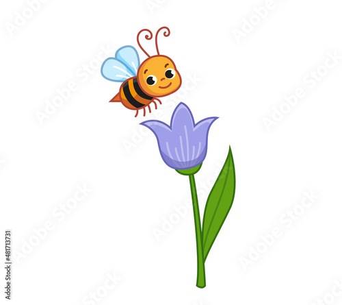 A cute cartoon bee collects nectar from a blue tulip flower. Drawing of a bumblebee insect in a children's style with a sketch. Colored summer illustrations with plants and wasps.