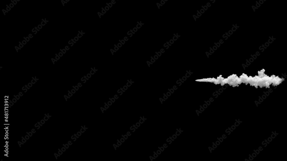 White smoke trail exhausting from flying object moving horizontally on the screen. Includes both color and alpha matte.