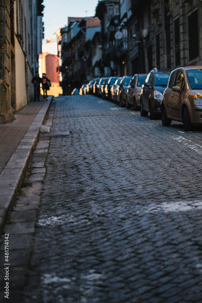 Cobblestone sidewalk on a narrow street in the old neighborhood of european city.