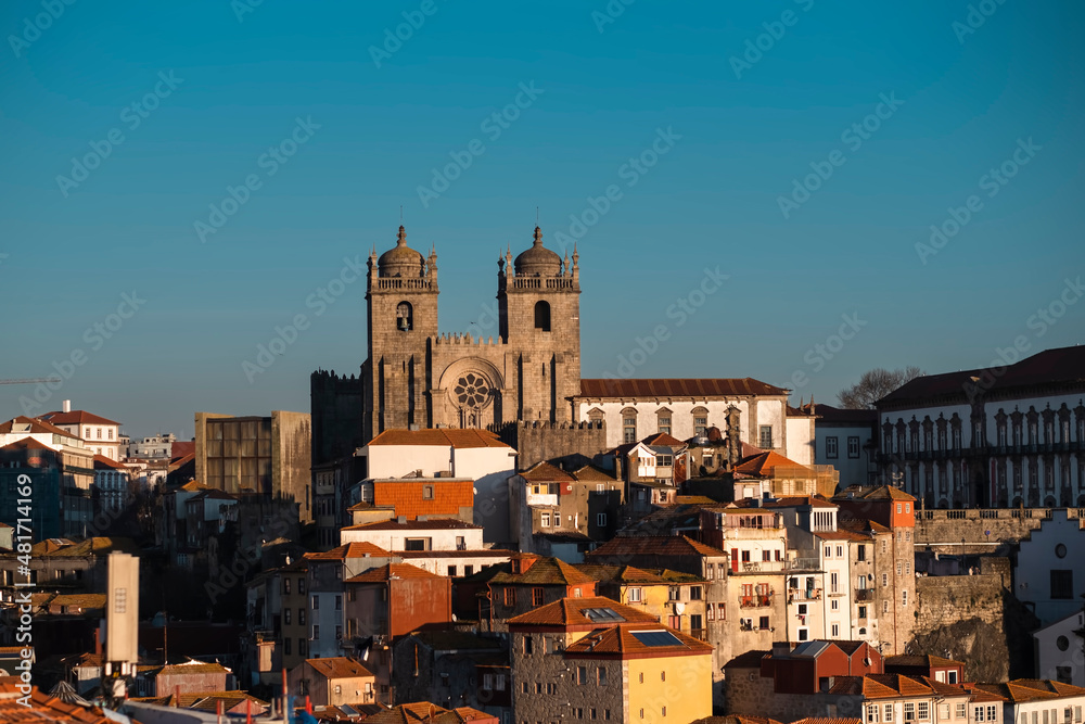 Panorama of historical buildings in Porto, Portugal.