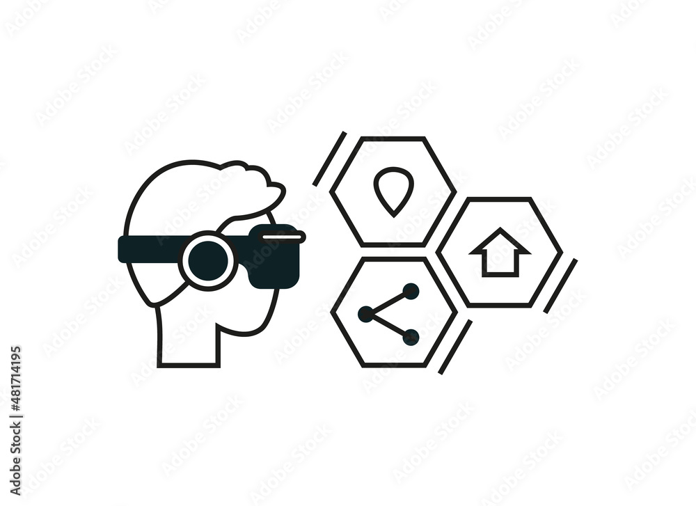 Metaverse logo. Man in vr mask, online internet and home, real estate, communication, gallery icons. Virtual reality vector symbol. Technotrend 2022. Metaverse logo. Man in vr mask, online internet and home, real estate, communication, gallery icons. Virtual reality vector symbol. Technotrend 2022.