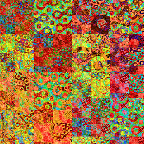 Imagen de arte digital fractal compuesto de trazos cuadrados y circulares creando unos azulejos de figuras geométricas llamativas. photo