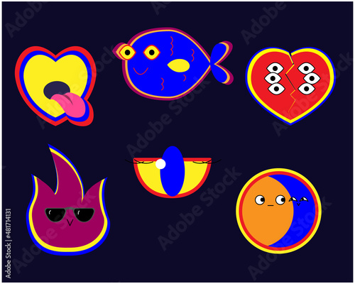 Collection of Cute Cartoon Characters Vector Design. Colorful Retro Patches