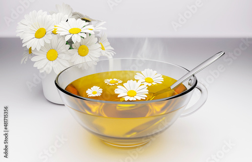 Tazza di camomilla con fiori  illustrazione 3d.