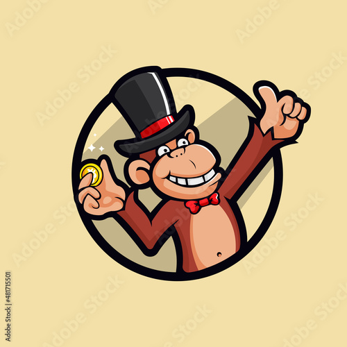 Illustration of monkey holding crypto coin wearing magic hat, cartoon mascot logo design