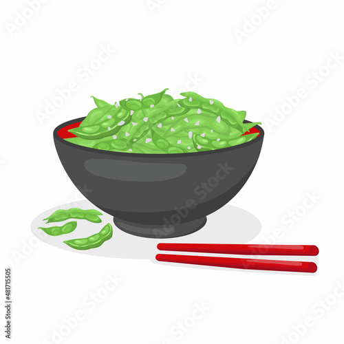 Edamame beans bowl. Vector stock illustration isolated on white background for packaging, menu design Asian cuisine. Realistic traditional dish in cartoon style. 