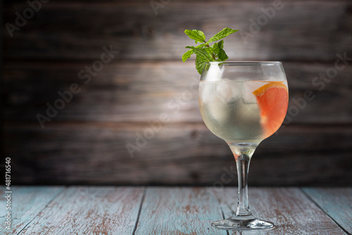 Gin Tonic garnished with grapefruit and mint.