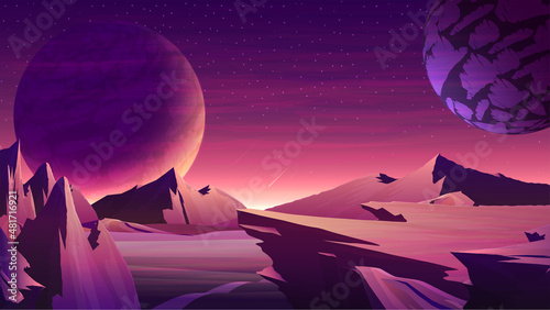 Nature on another planet with a huge planet on the horizon. Mars orange space landscape with large planets on purple starry sky, meteors and mountains on the horizon