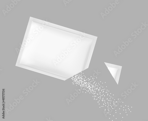 Torn realistic sachet pack with product on grey background. Possibility use for sugar, granulated, spice, powder products. Vector illustration. EPS10.	