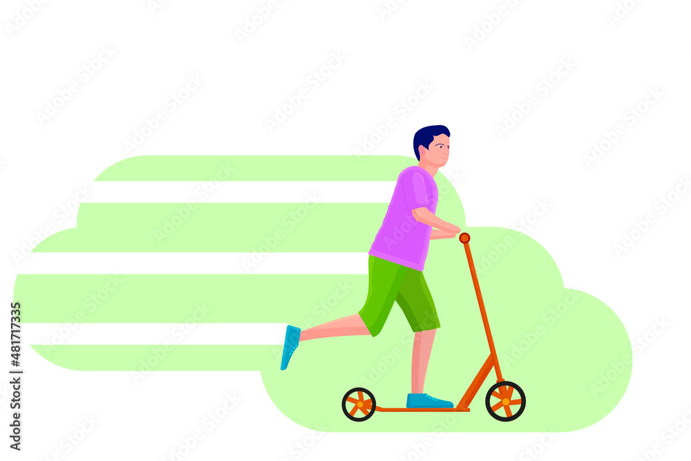 vector illustration life goes on. a young man without hands, a disabled person, moves on a scooter down the street, with a smile on his face. For poster design vector illustration life goes on. a young man without hands, a disabled person, moves on a scooter down the street, with a smile on his face. For poster design