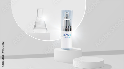 Skincare products and drugs chemical researches on white podium with beaker background