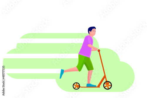 vector illustration life goes on. a young man without hands, a disabled person, moves on a scooter down the street, with a smile on his face. For poster design