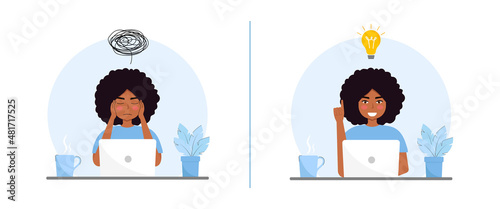 Black woman thinking and finding solution vector flat Illustration. Problem solving, solution finding concept. Cartoon character.